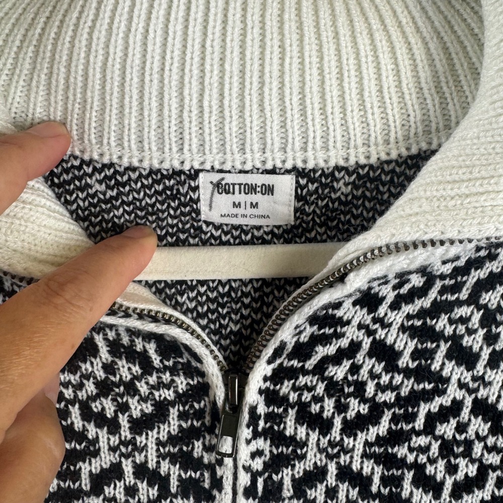 Cotton On Sweater Women Medium White Black Fair Isle Quarter Zip Pullover (1757) - Picture 2 of 8